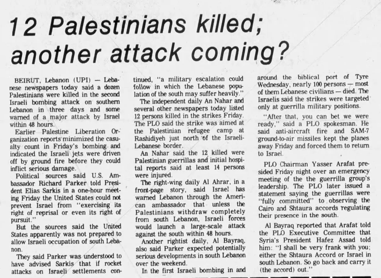 12 Palestinians killed; another attack coming? &mdash; Troy Daily News, 13 November 1977