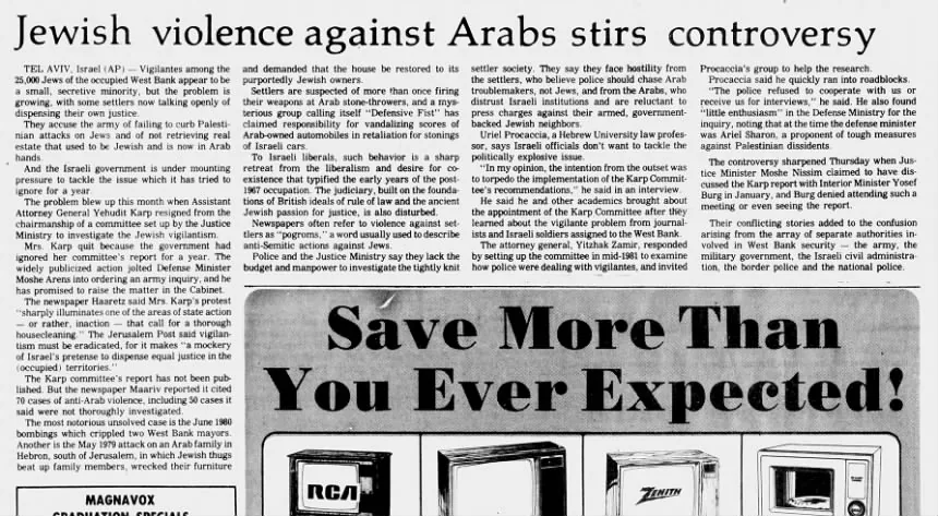 Jewish violence against Arabs stirs controversy &mdash; Times Record News, 21 May 1983