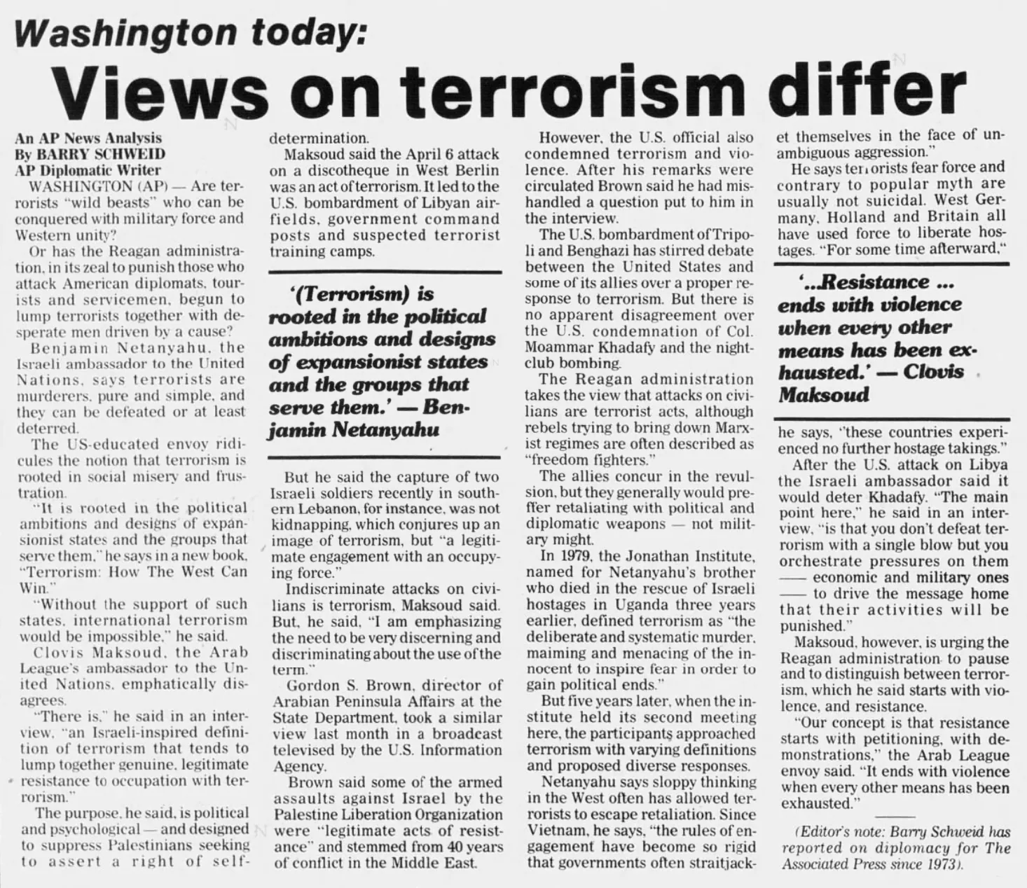 Views on terrorism differ &mdash; The Daily Ledger, 18 April 1986