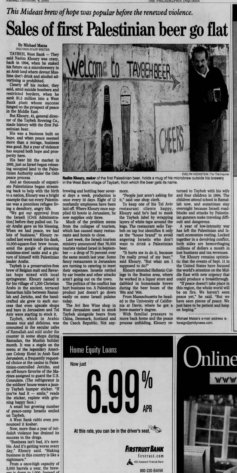 Sales of first Palestinian beer go flat — The Philadelphia Inquirer, 4 November 2001