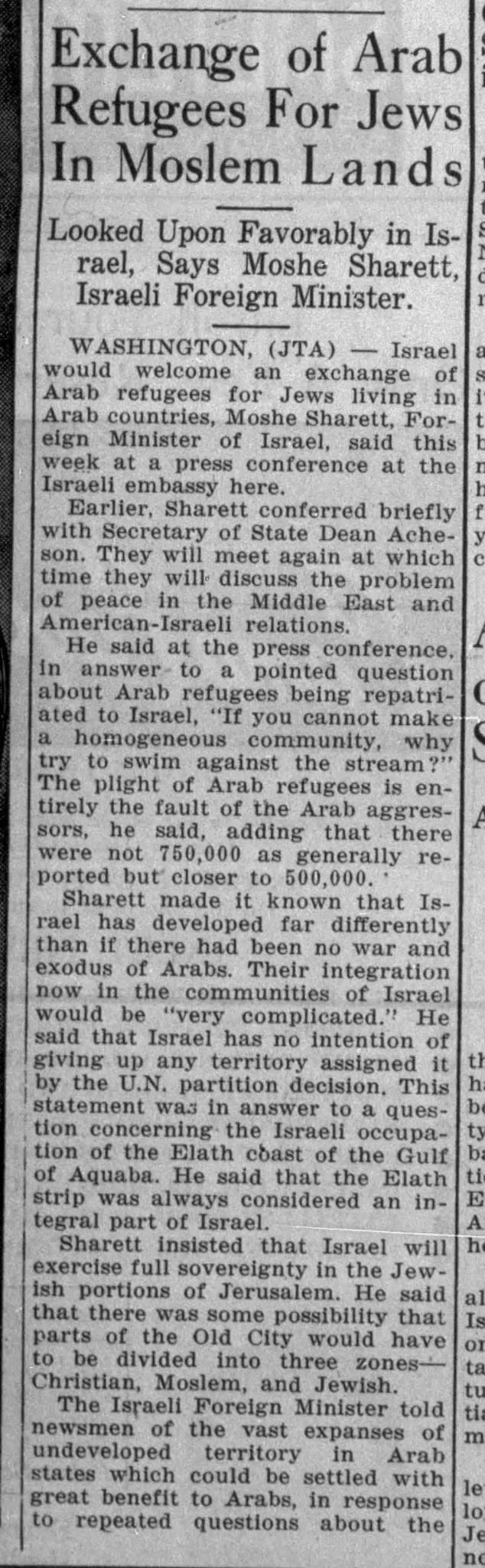 Exchange of Arab Refugees For Jews In Moslem Lands &mdash; Buffalo Jewish Review, 1 April 1949