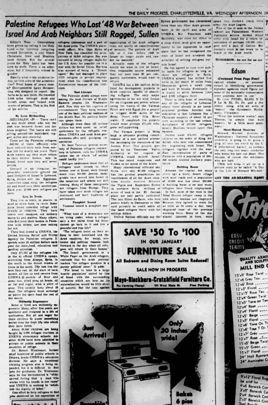 Palestine Refugees Who Lost ’48 War Between Israel And Arab Neighbors Still Ragged, Sullen &mdash; The Daily Progress, 27 January 1954