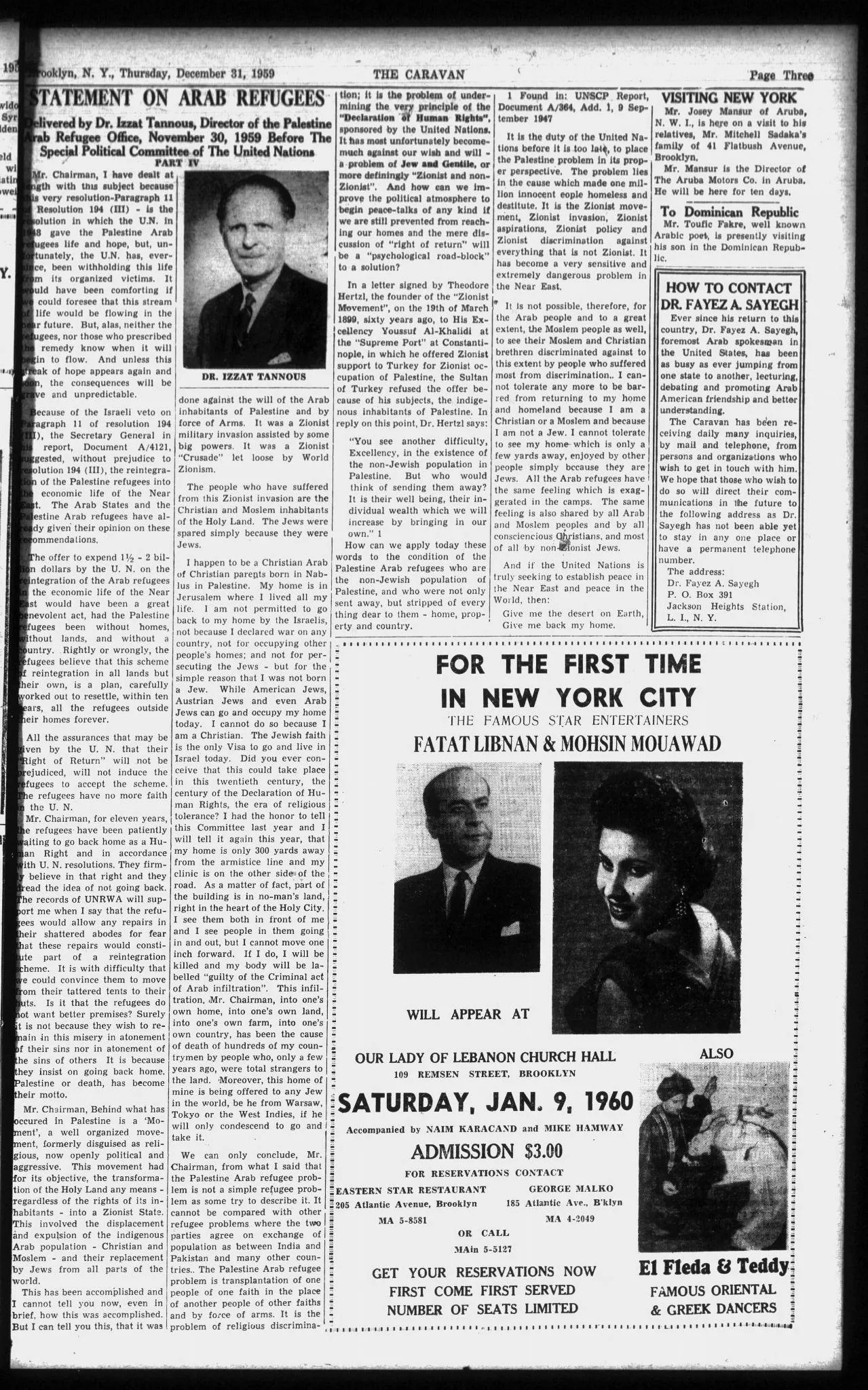 STATEMENT ON ARAB REFUGEES &mdash; THE CARAVAN, 31 December 1959