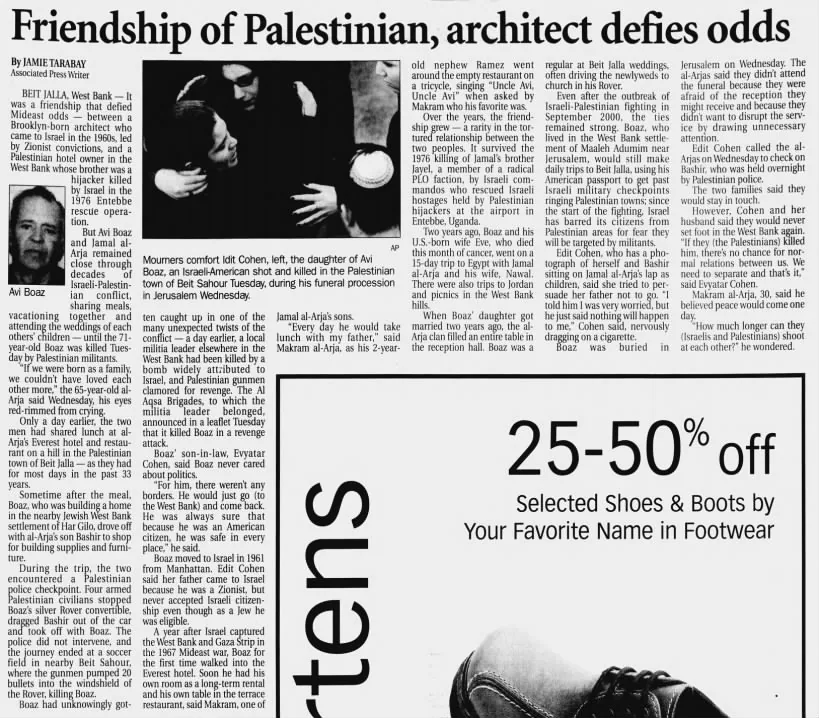 Friendship of Palestinian, architect defies odds — The Bismarck Tribune, 17 January 2002