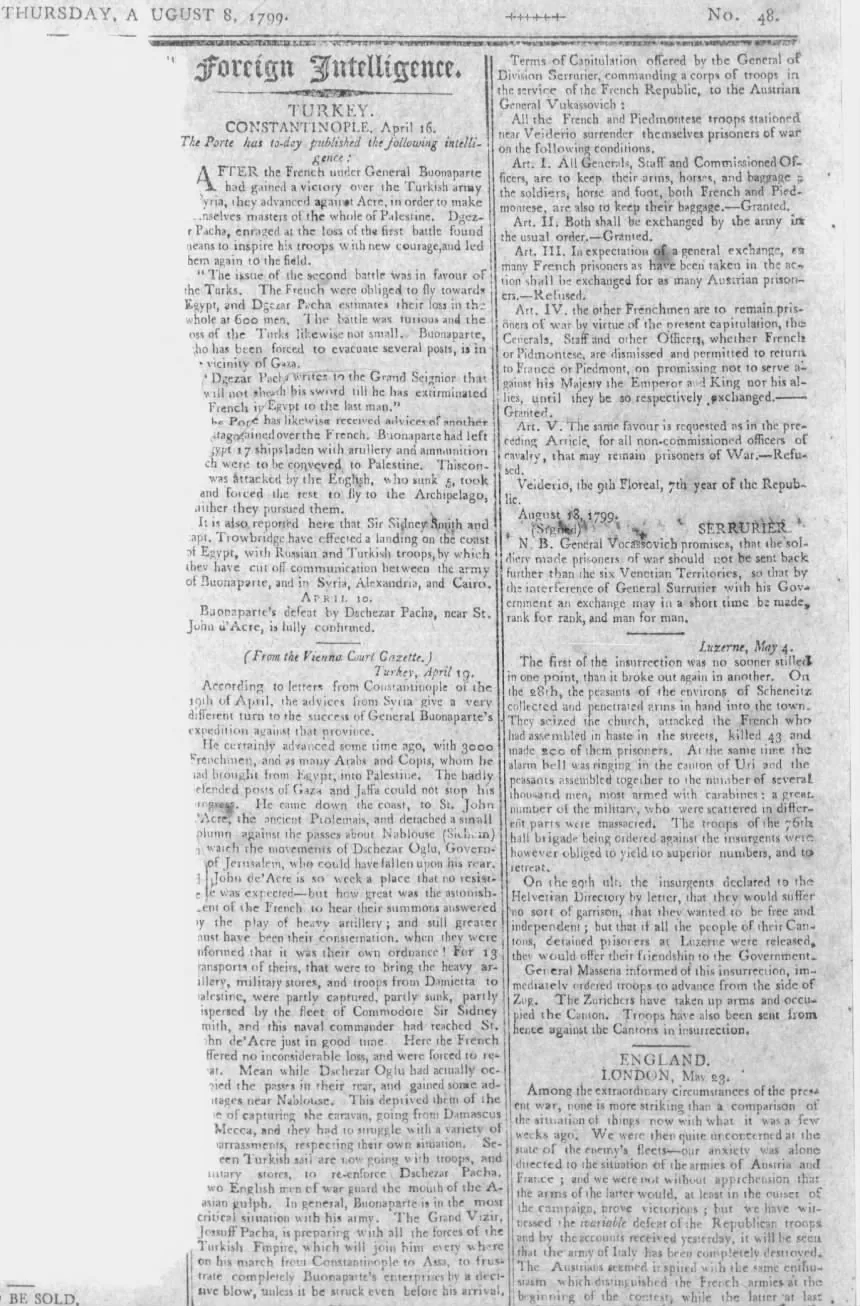 Foreign Intelligence &mdash; The Vergennes Gazette and Vermont and New-York Advertiser, 8 August 1799