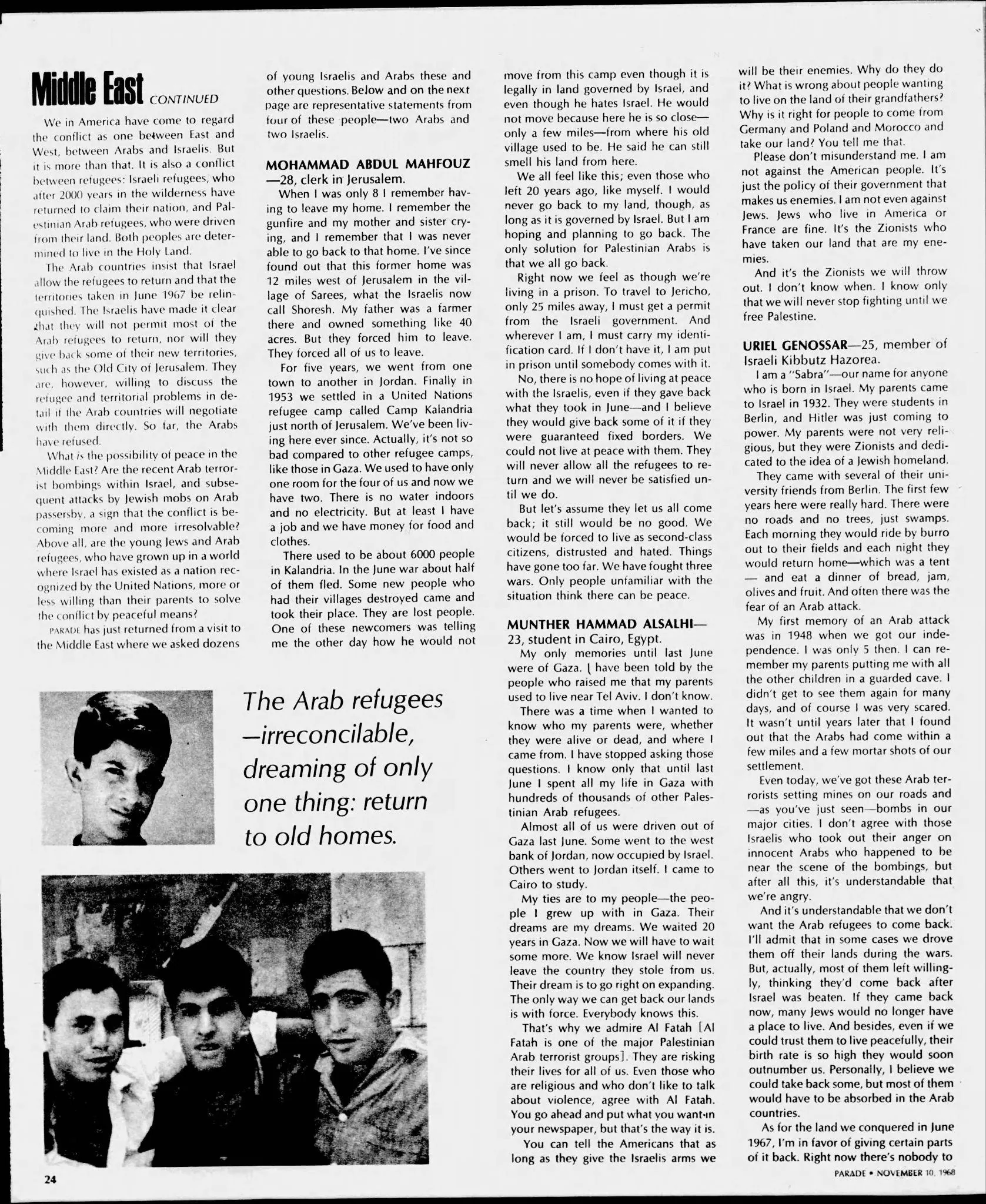 The Arab refugees — irreconcilable, dreaming of only one thing: return to old homes &mdash; Parade, 10 November 1968