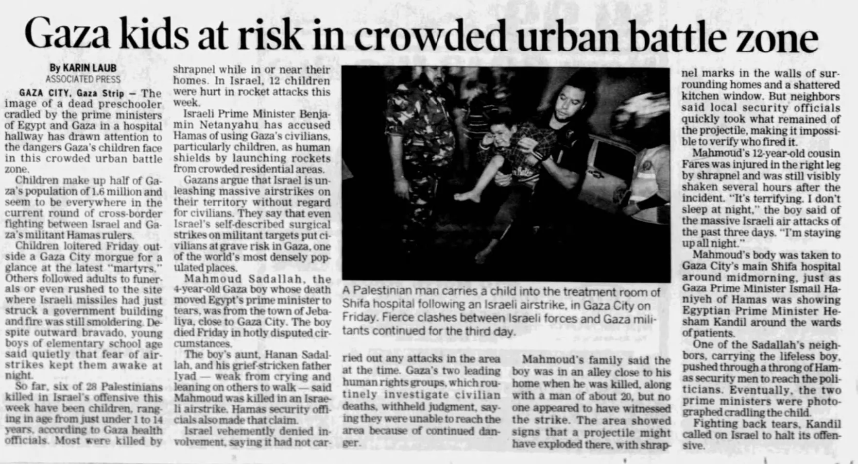 Gaza kids at risk in crowded urban battle zone — Daytona Beach News-Journal, 17 November 2012