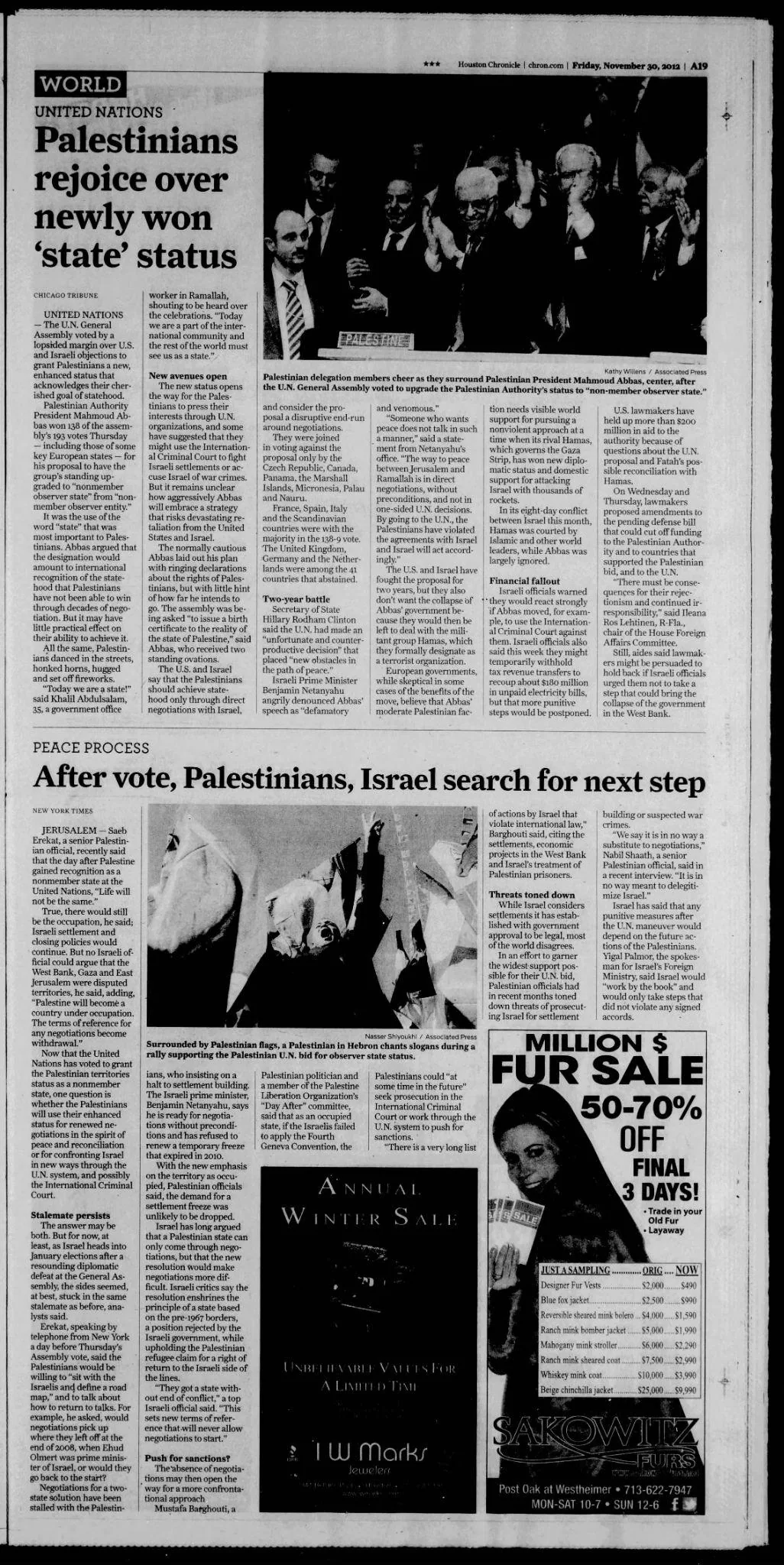 Palestinians rejoice over newly won ‘state’ status — Houston Chronicle, 30 November 2012