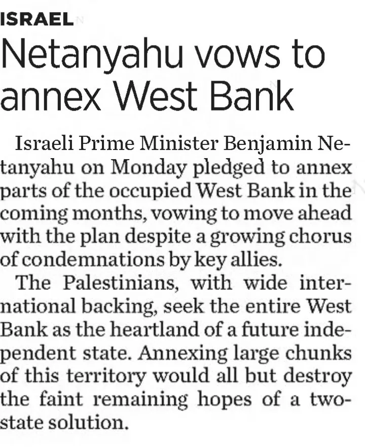Netanyahu vows to annex West Bank &mdash; LNP, 26 May 2020
