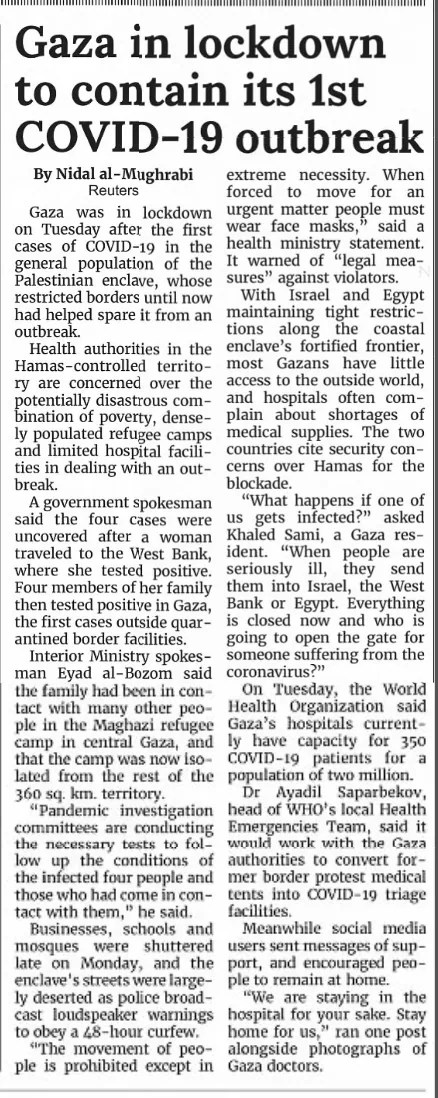 Gaza in lockdown to contain its 1st COVID-19 outbreak &mdash; The Dickinson Press, 26 August 2020