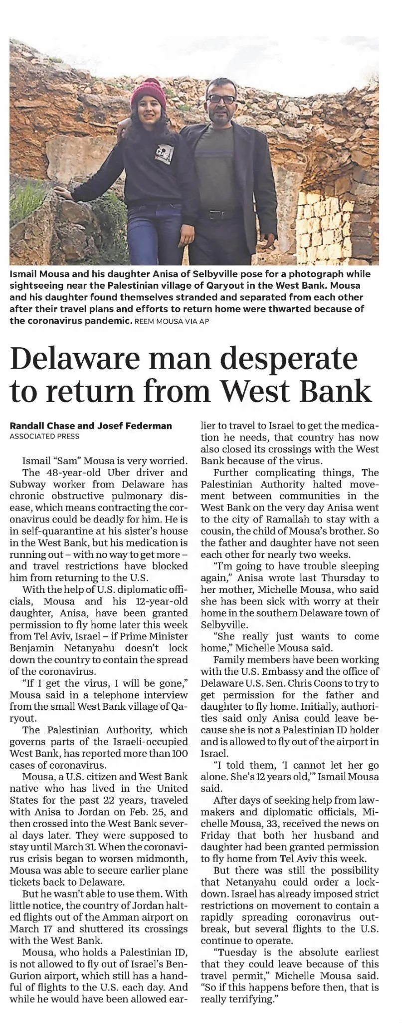 Delaware man desperate to return from West Bank &mdash; The News Journal, 31 March 2020