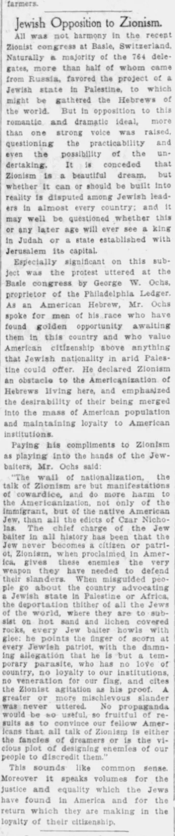 Jewish Opposition to Zionism — The Spokesman-Review, 20 August 1905