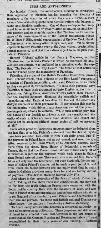 Jews and Anti-Zionists — The Jewish Bulletin, 15 August 1919