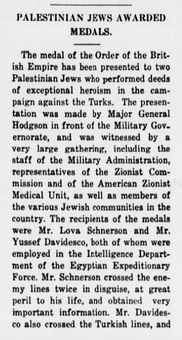 Palestinian Jews Awarded Medals — The Jewish Monitor, 5 December 1919