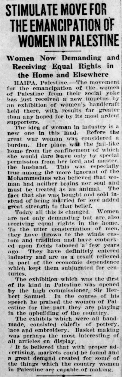 Stimulate move for the emancipation of women in Palestine &mdash; La Crosse Tribune, 26 January 1922