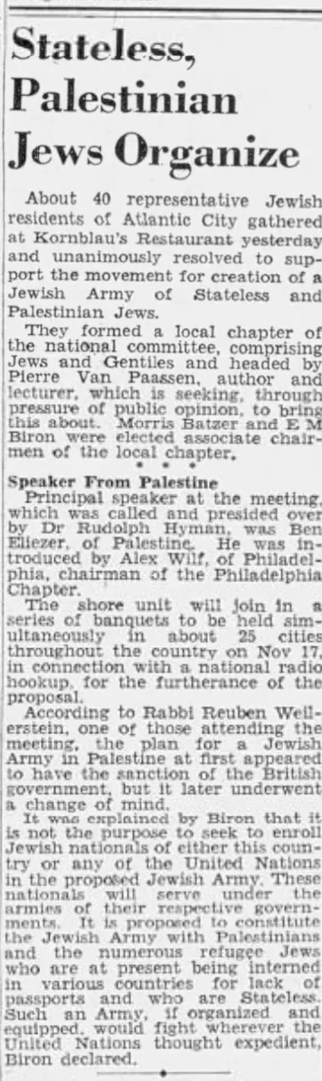 Stateless, Palestinian Jews Organize — Press of Atlantic City, 3 October 1942