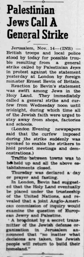 Palestinian Jews Call A General Strike — Union City Times Gazette, 14 November 1945