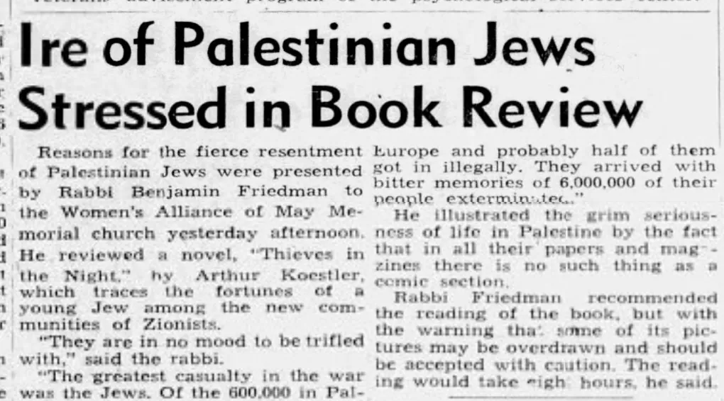 Ire of Palestinian Jews Stressed in Book Review — The Post-Standard, 9 January 1947