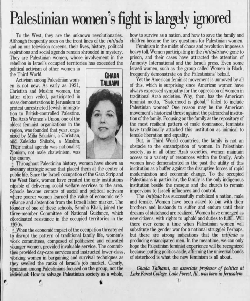 Palestinian women's fight is largely ignored &mdash; Detroit Free Press, 29 December 1989