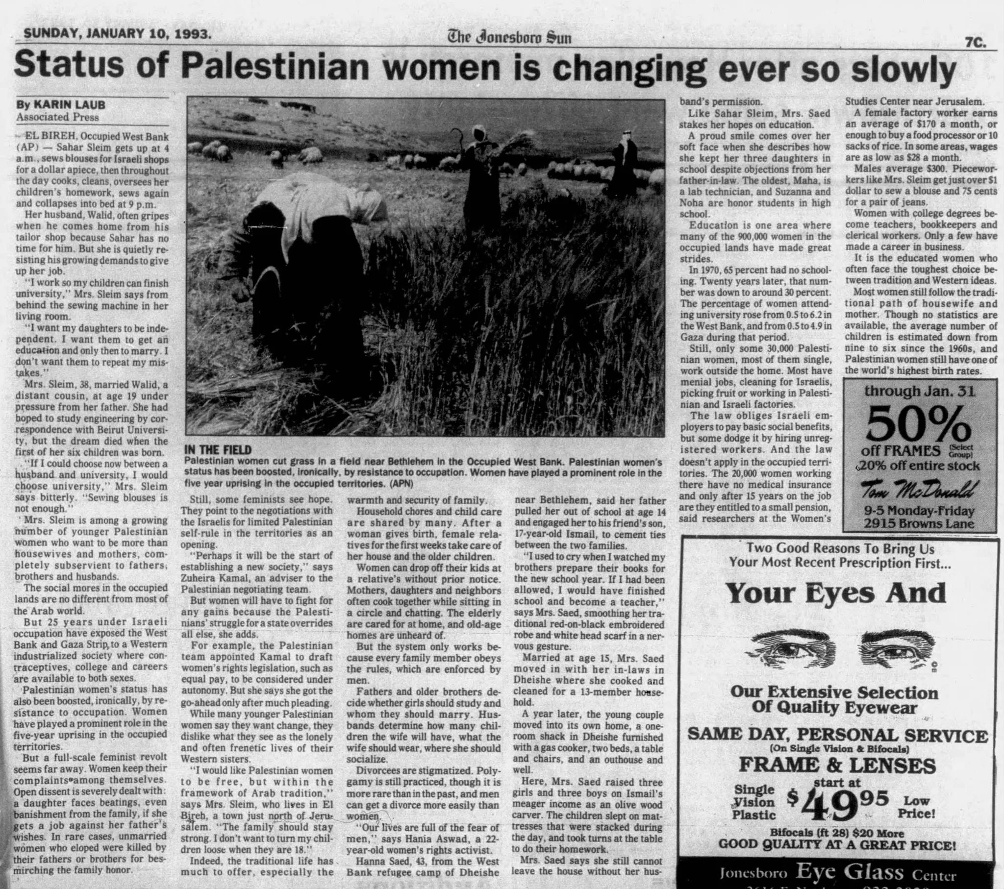 Status of Palestinian women is changing ever so slowly &mdash; The Jonesboro Sun, 10 January 1993