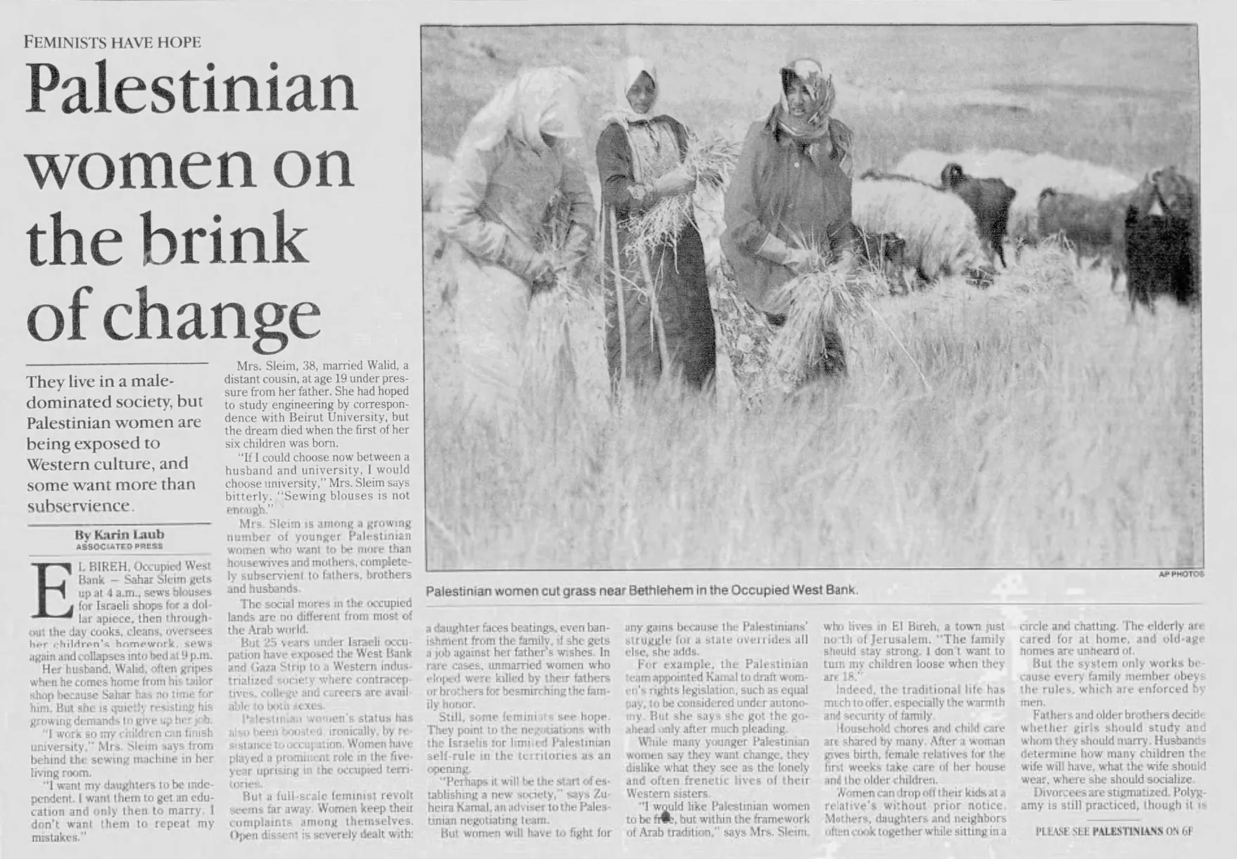Palestinian women on the brink of change &mdash; Sarasota Herald-Tribune, 4 April 1993
