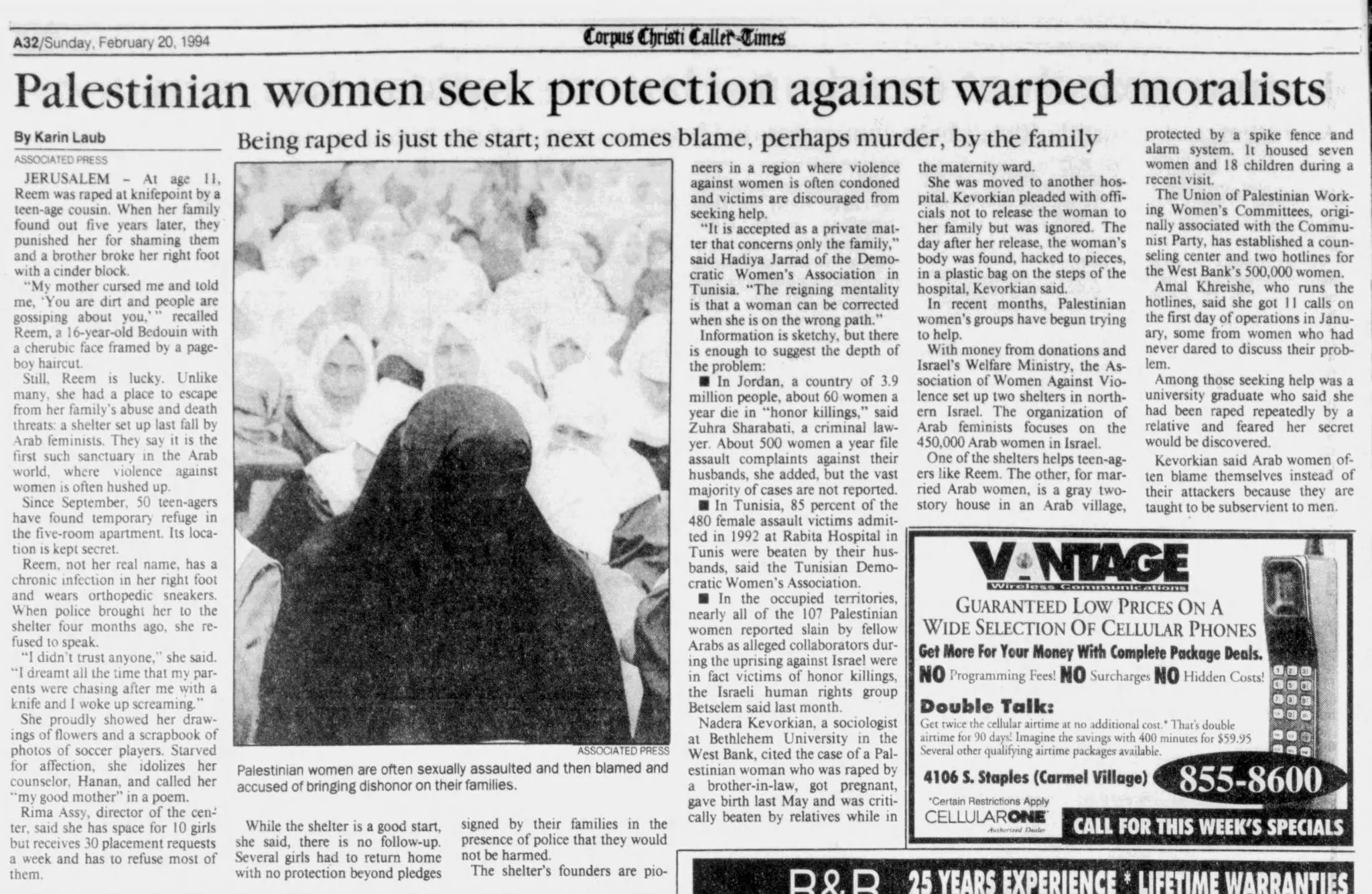 Palestinian women seek protection against warped moralists &mdash; Corpus Christi Caller-Times, 20 February 1994