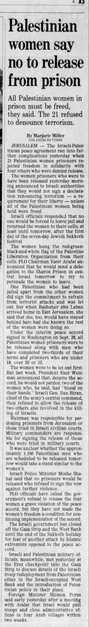 Palestinian women say no to release from prison &mdash; The Philadelphia Inquirer, 9 October 1995