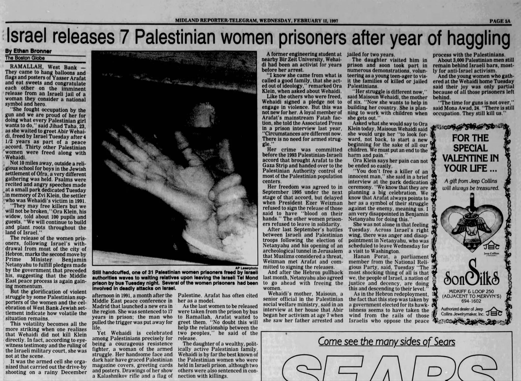 Israel releases 7 Palestinian women prisoners after year of haggling &mdash; Midland Reporter-Telegram, 12 February 1997