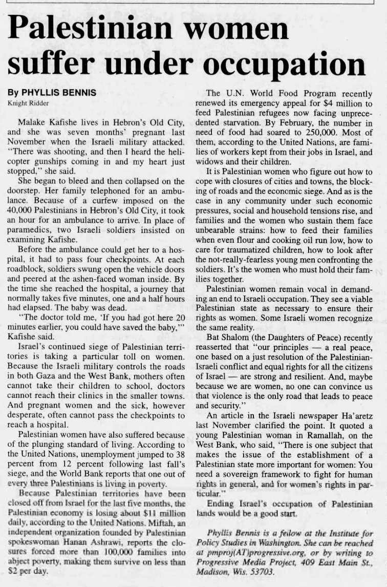 Palestinian women suffer under occupation &mdash; The St. Augustine Record, 10 March 2001
