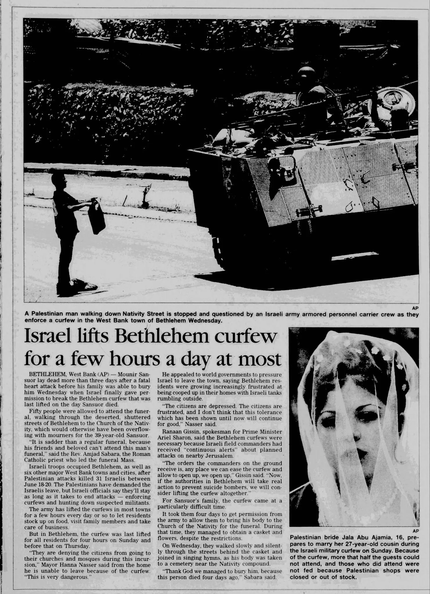 Israel lifts Bethlehem curfew for a few hours a day at most &mdash; The News-Times, 11 July 2002
