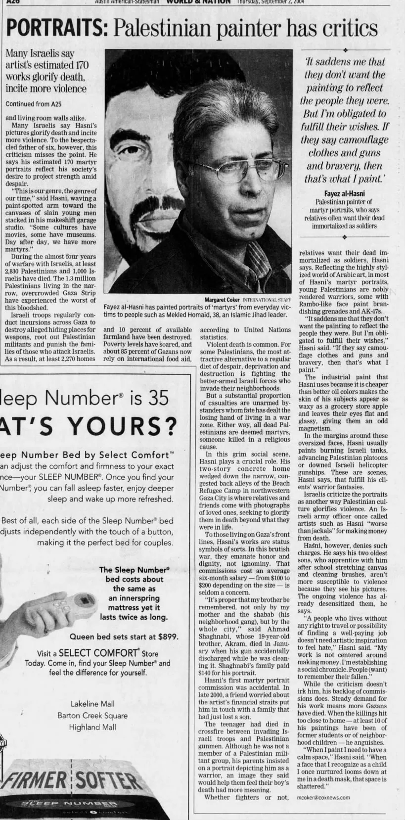 PORTRAITS: Palestinian painter has critics — Austin American Statesman, 2 September 2004