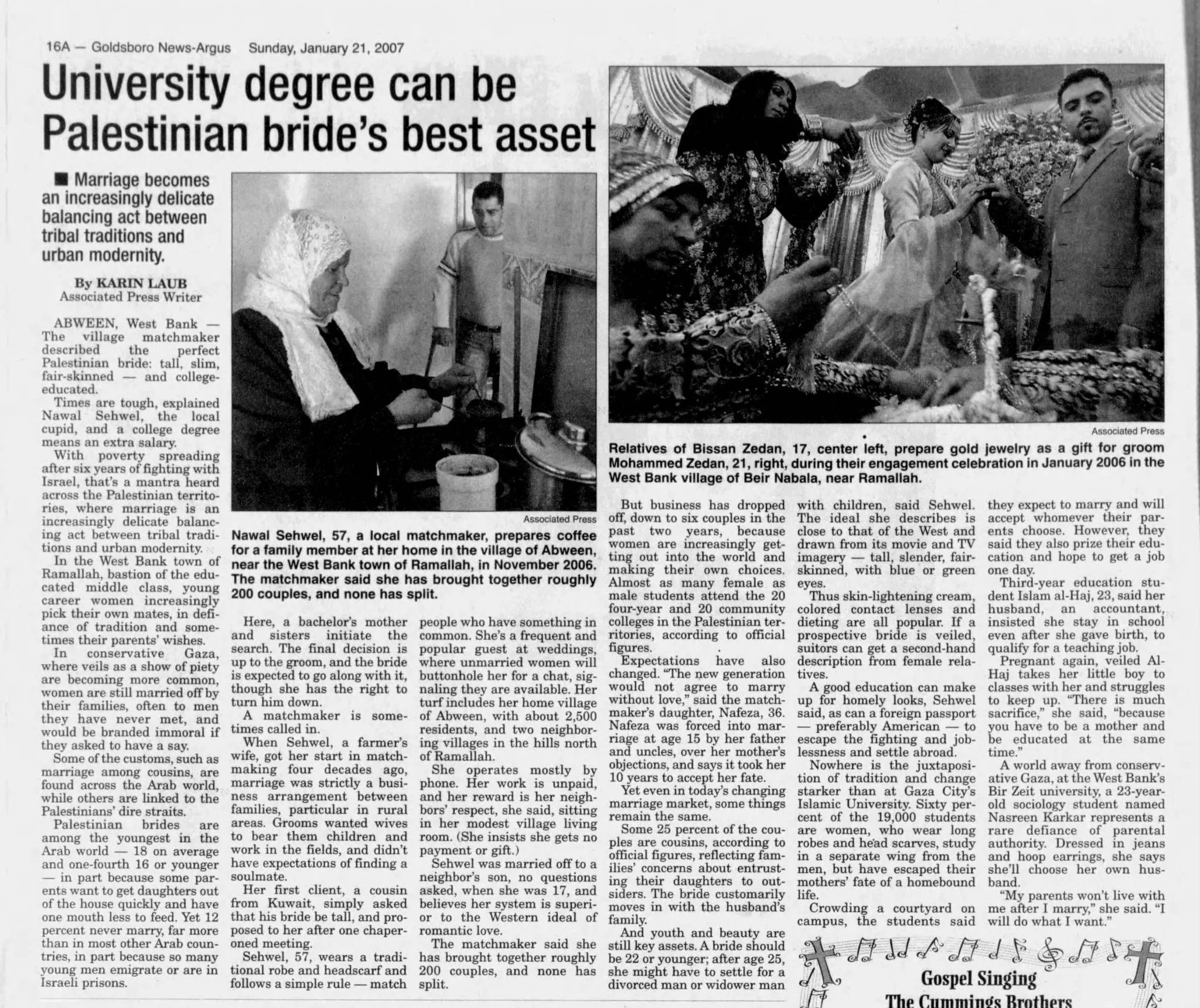 University degree can be Palestinian bride’s best asset &mdash; Goldsboro News-Argus, 21 January 2007
