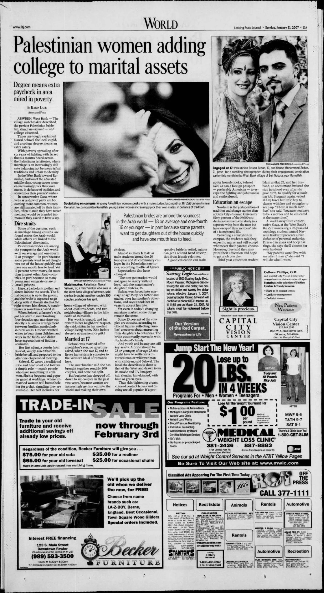 Palestinian women adding college to marital assets &mdash; Lansing State Journal, 21 January 2007