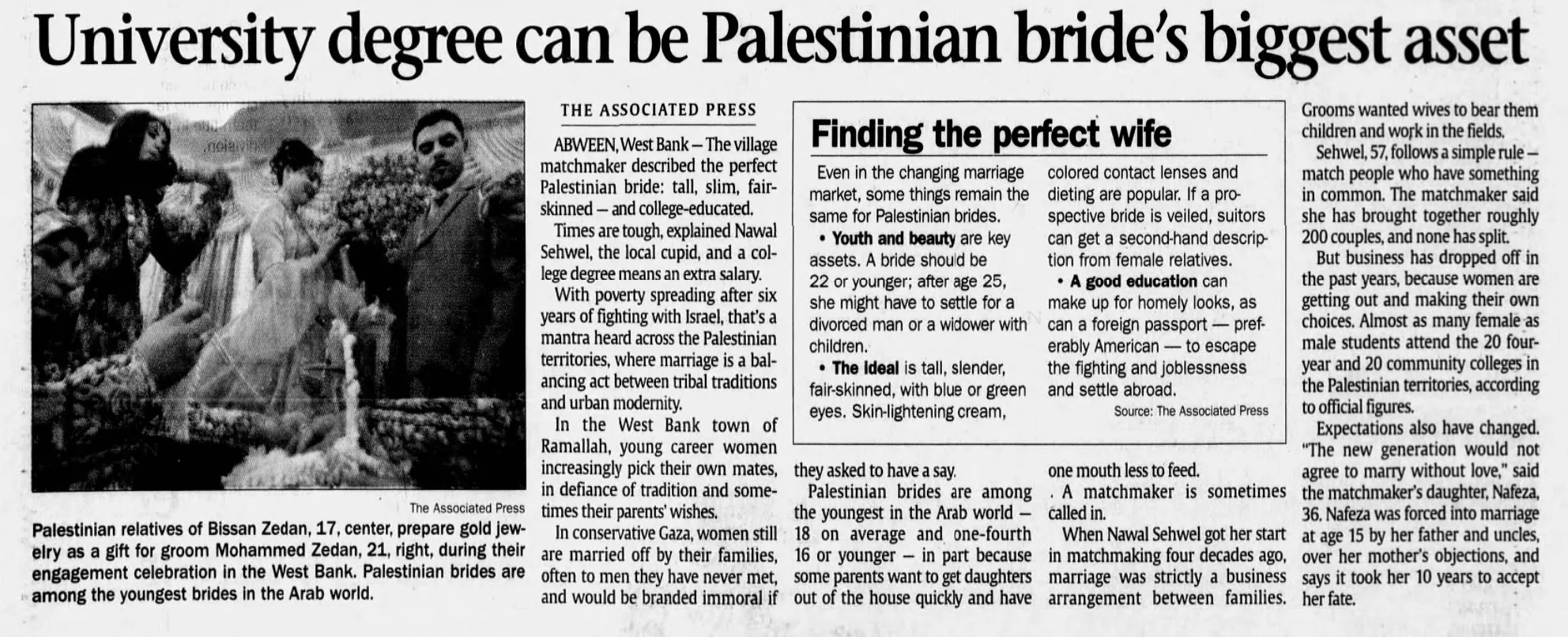 University degree can be Palestinian bride’s biggest asset &mdash; The Island Packet, 21 January 2007