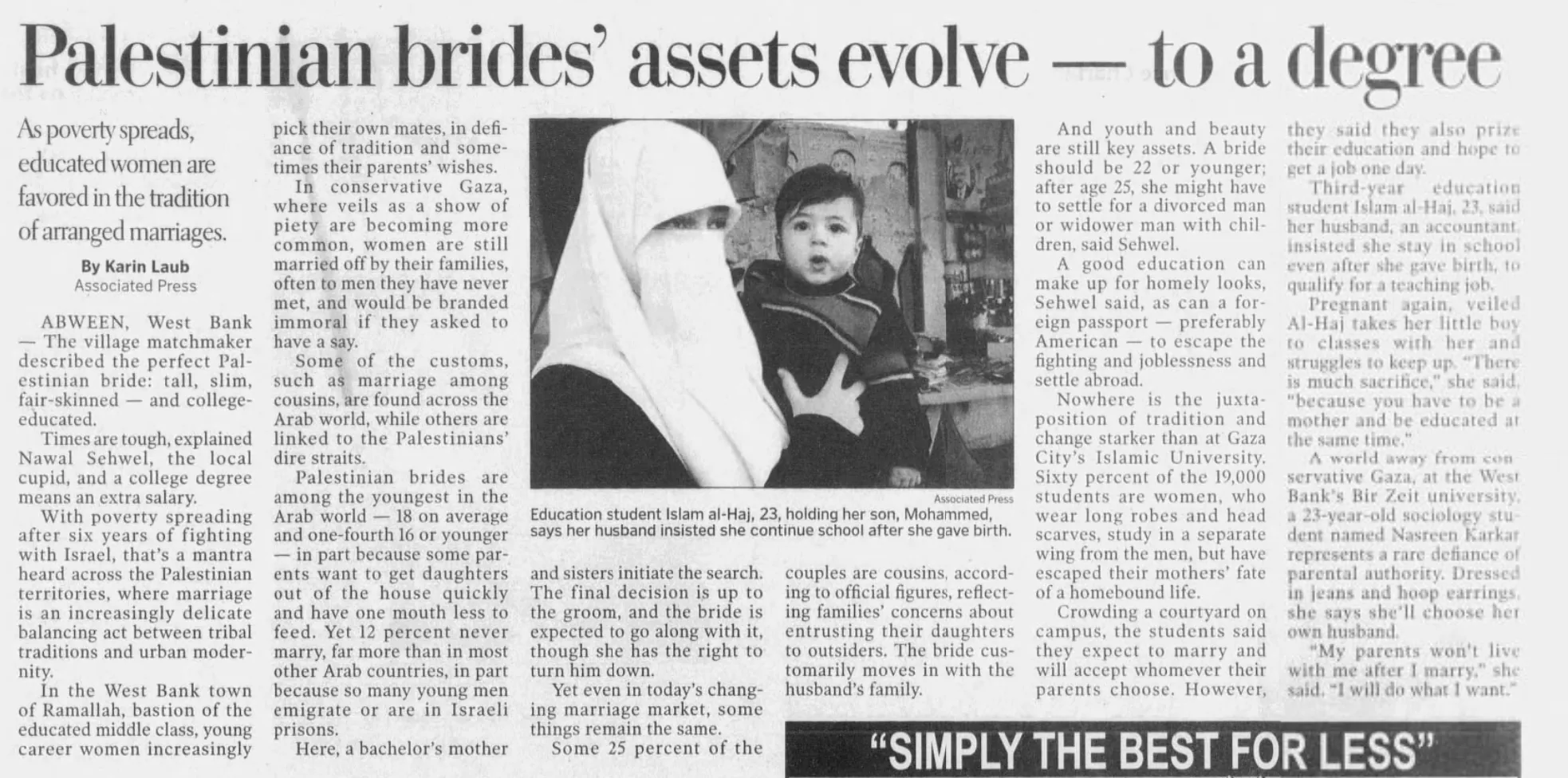 Palestinian brides’ assets evolve — to a degree &mdash; The Roanoke Times, 28 January 2007