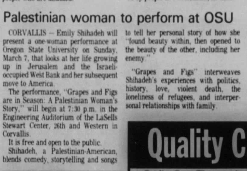 Palestinian woman to perform at OSU — Albany Democrat-Herald, 2 March 1993
