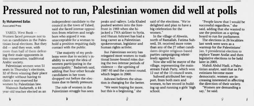 Pressured not to run, Palestinian women did well at polls — Wisconsin State Journal, 28 December 2004