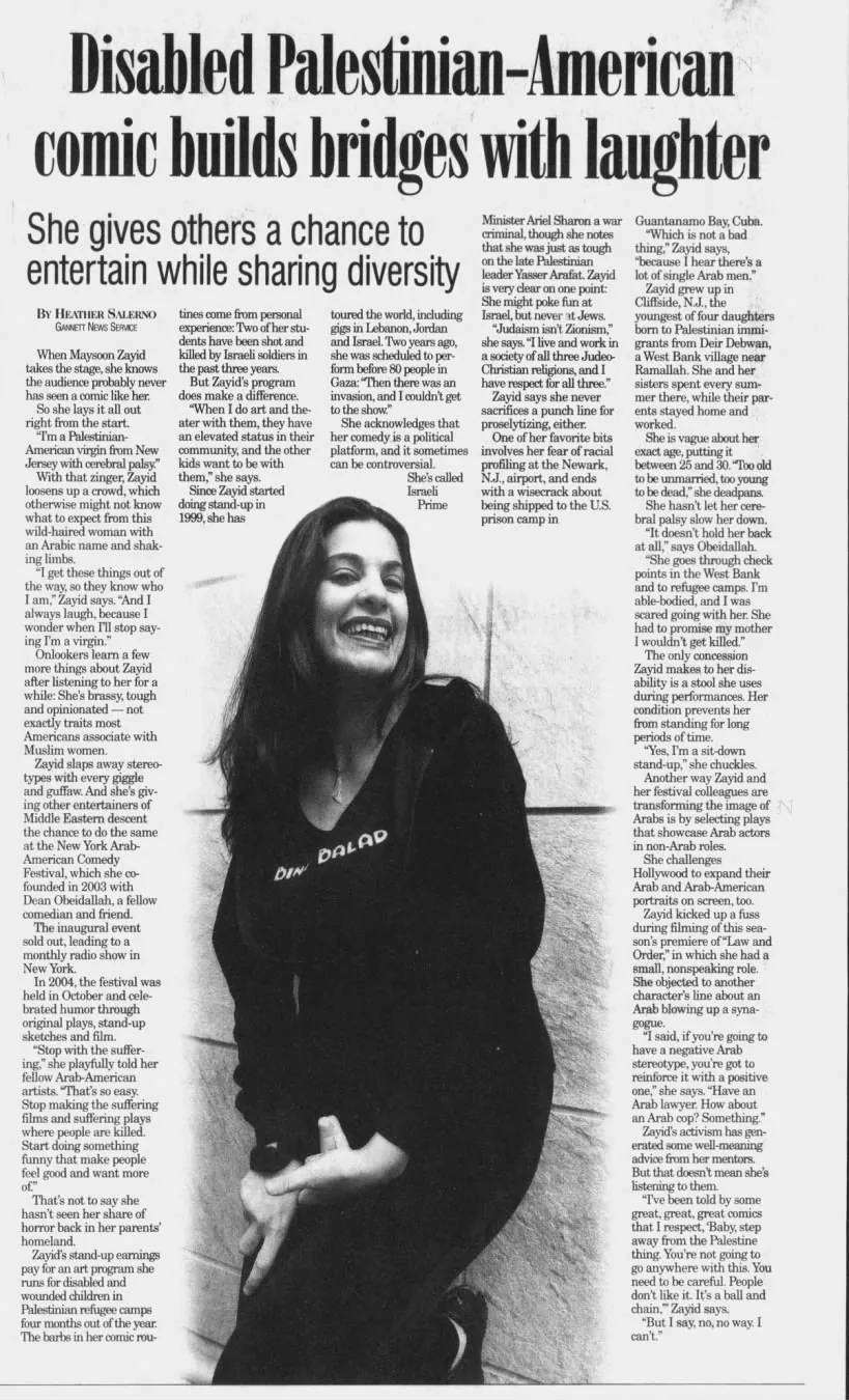Disabled Palestinian-American comic builds bridges with laughter — Wausau Daily Herald, 30 December 2004