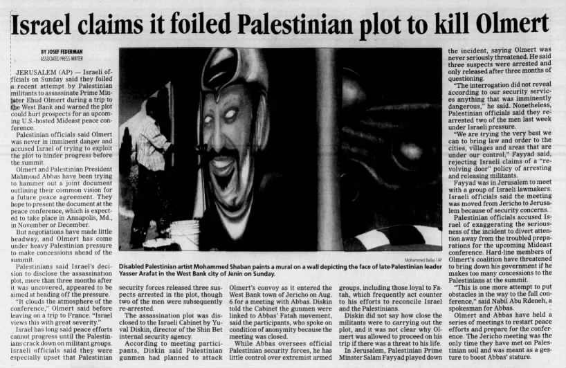 Israel claims it foiled Palestinian plot to kill Olmert — The Sun, 22 October 2007