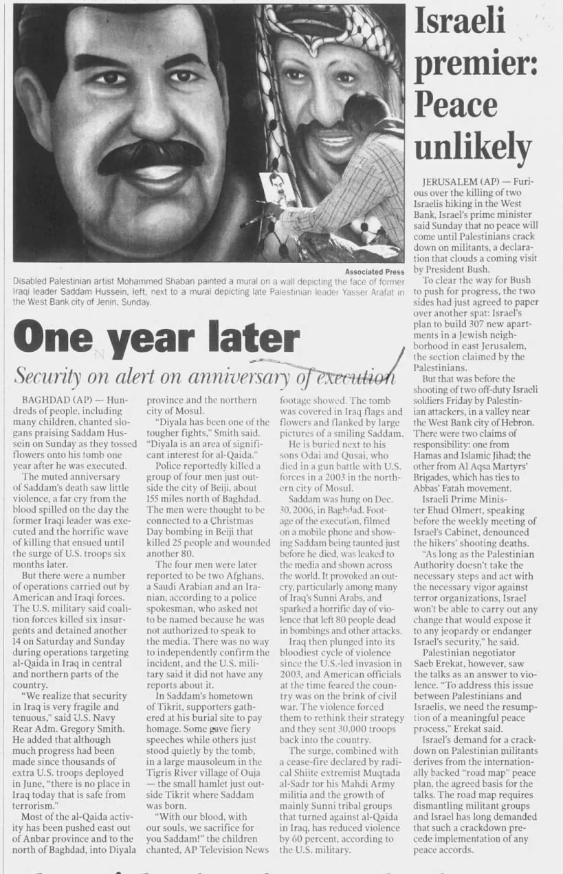 Israeli premier: Peace unlikely — Leader-Telegram, 31 December 2007