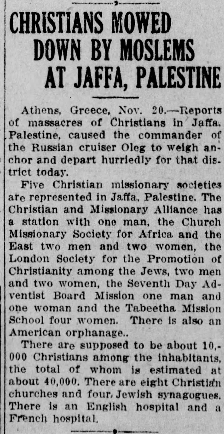 CHRISTIANS MOWED DOWN BY MOSLEMS AT JAFFA, PALESTINE &mdash; Reading Times, 21 November 1912