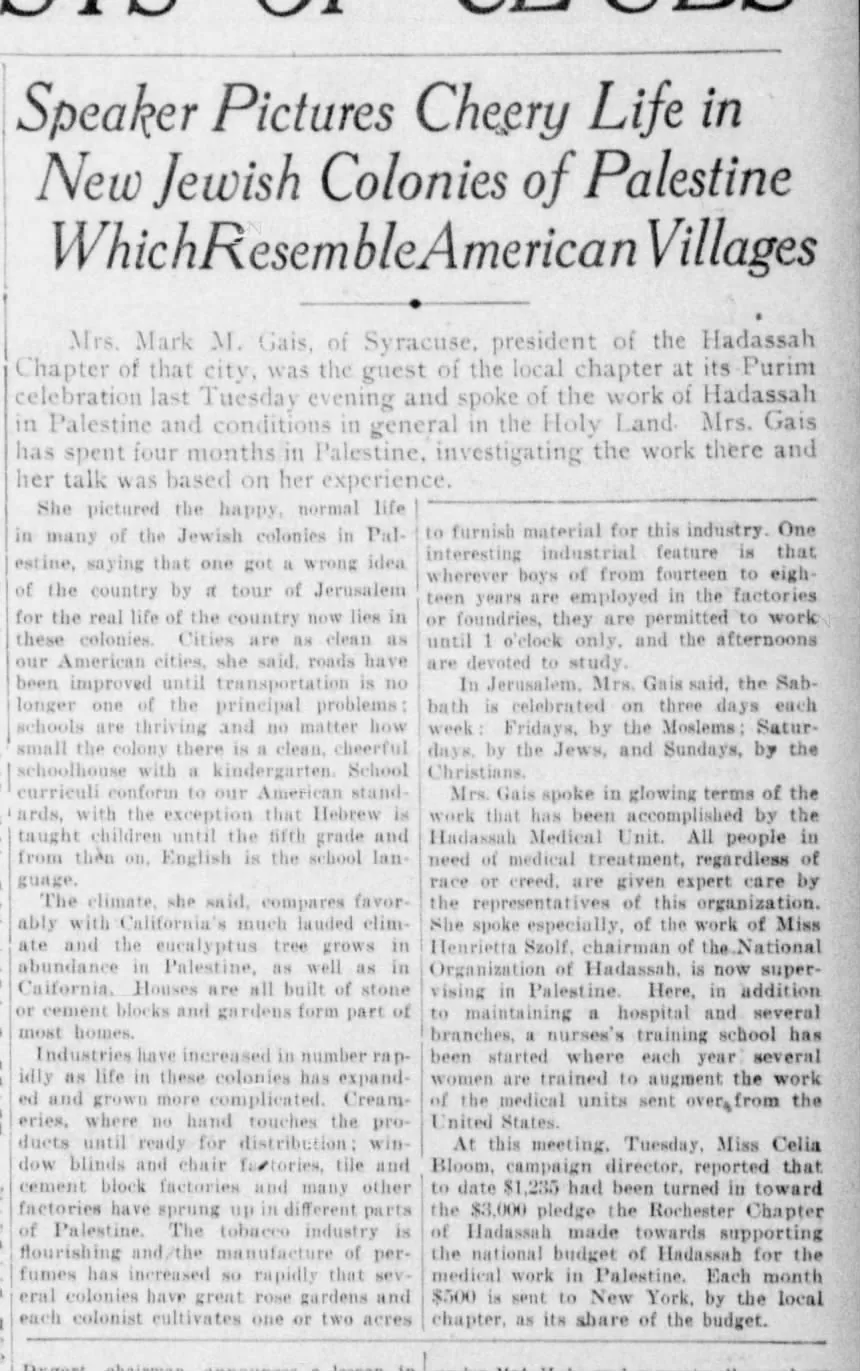 Speaker Pictures Cheery Life in New Jewish Colonies of Palestine Which Resemble American Villages &mdash; Democrat and Chronicle, 23 March 1924