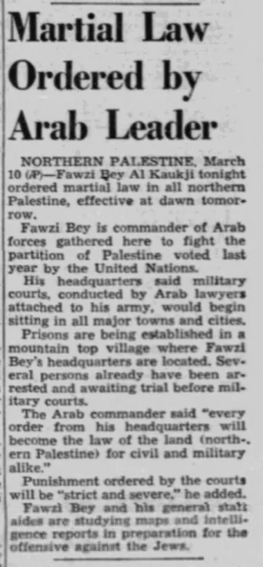Martial Law Ordered by Arab Leader — Great Falls Tribune, 11 March 1948