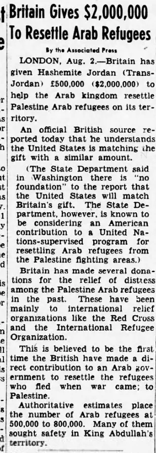 Britain Gives $2,000,000 To Resettle Arab Refugees — Evening Star, 2 August 1949