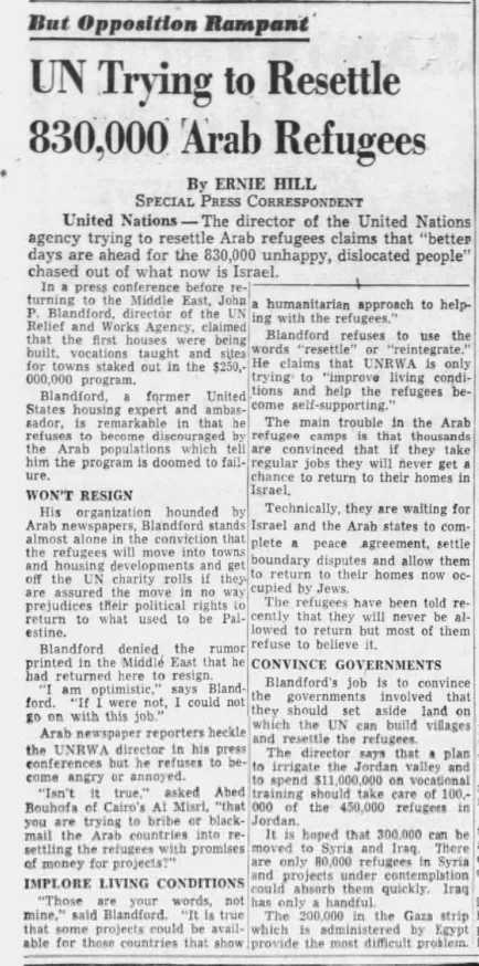 UN Trying to Resettle 830,000 Arab Refugees — Press & Sun-Bulletin, 25 June 1952