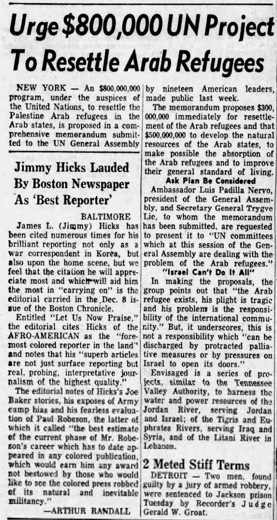 Urge $800,000 UN Project To Resettle Arab Refugees — The Afro-American, 5 January 1952