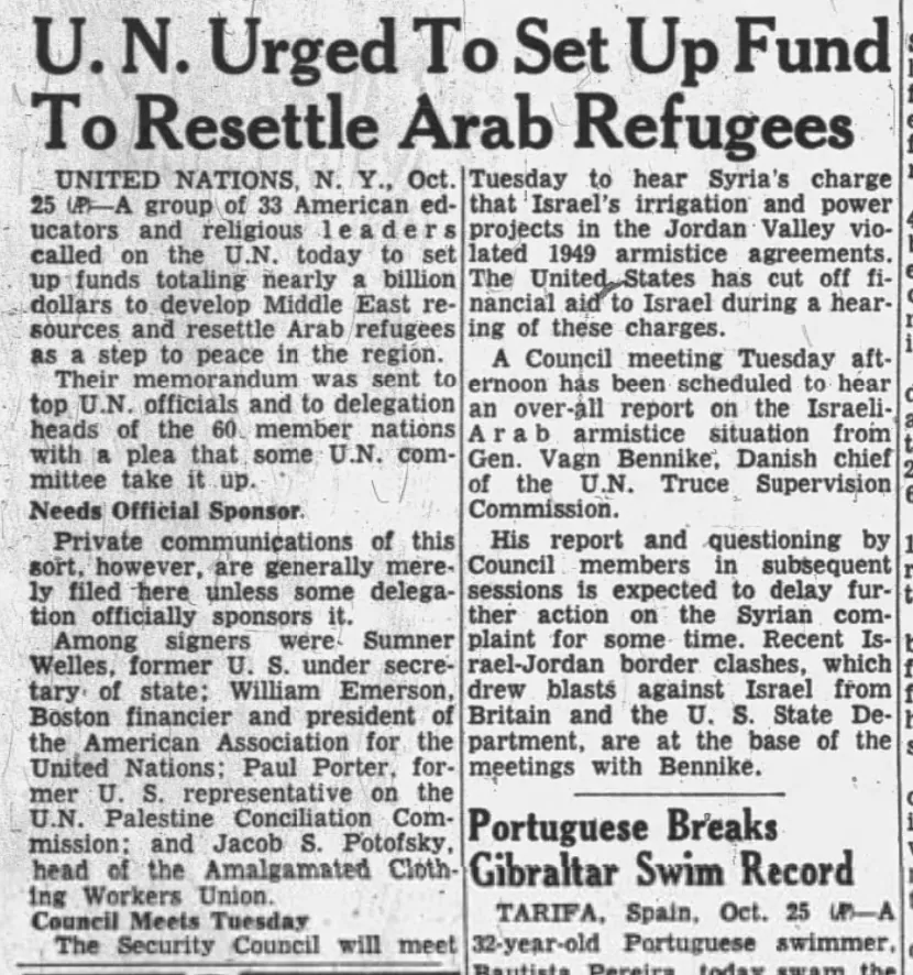 U.N. Urged To Set Up Fund To Resettle Arab Refugees — Portland Press Herald, 26 October 1953