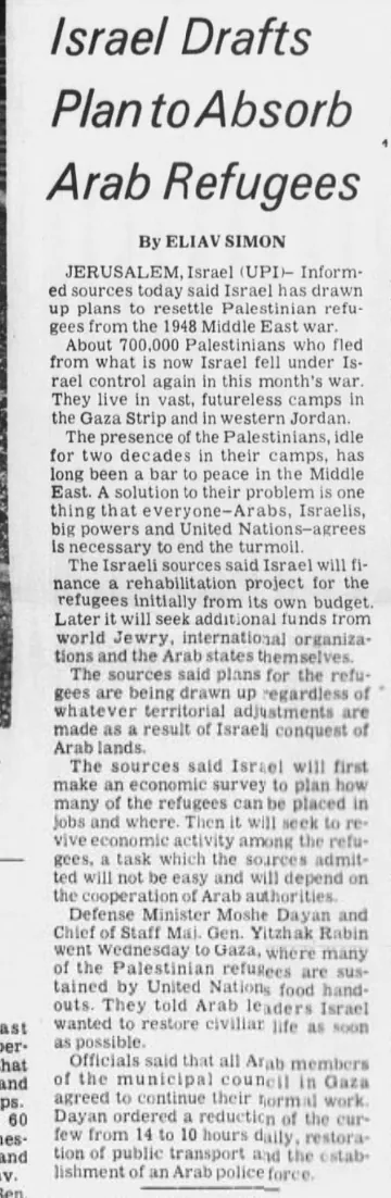 Israel Drafts Plan to Absorb Arab Refugees — The Daily Journal, 22 June 1967