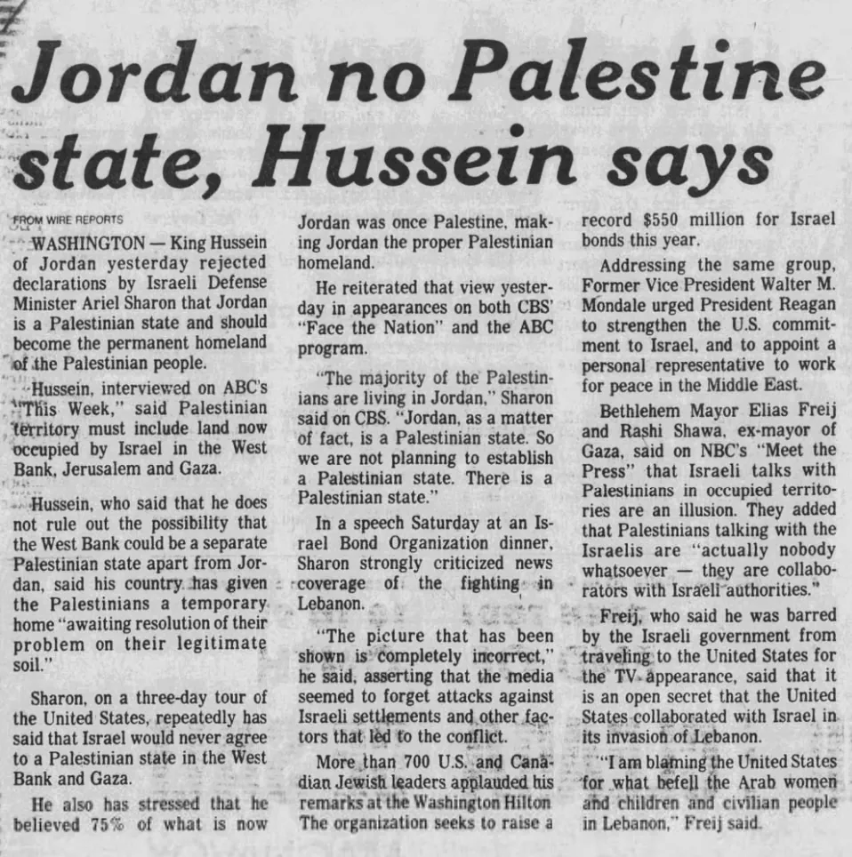 Jordan no Palestine state, Hussein says — The Plain Dealer, 3 August 1982