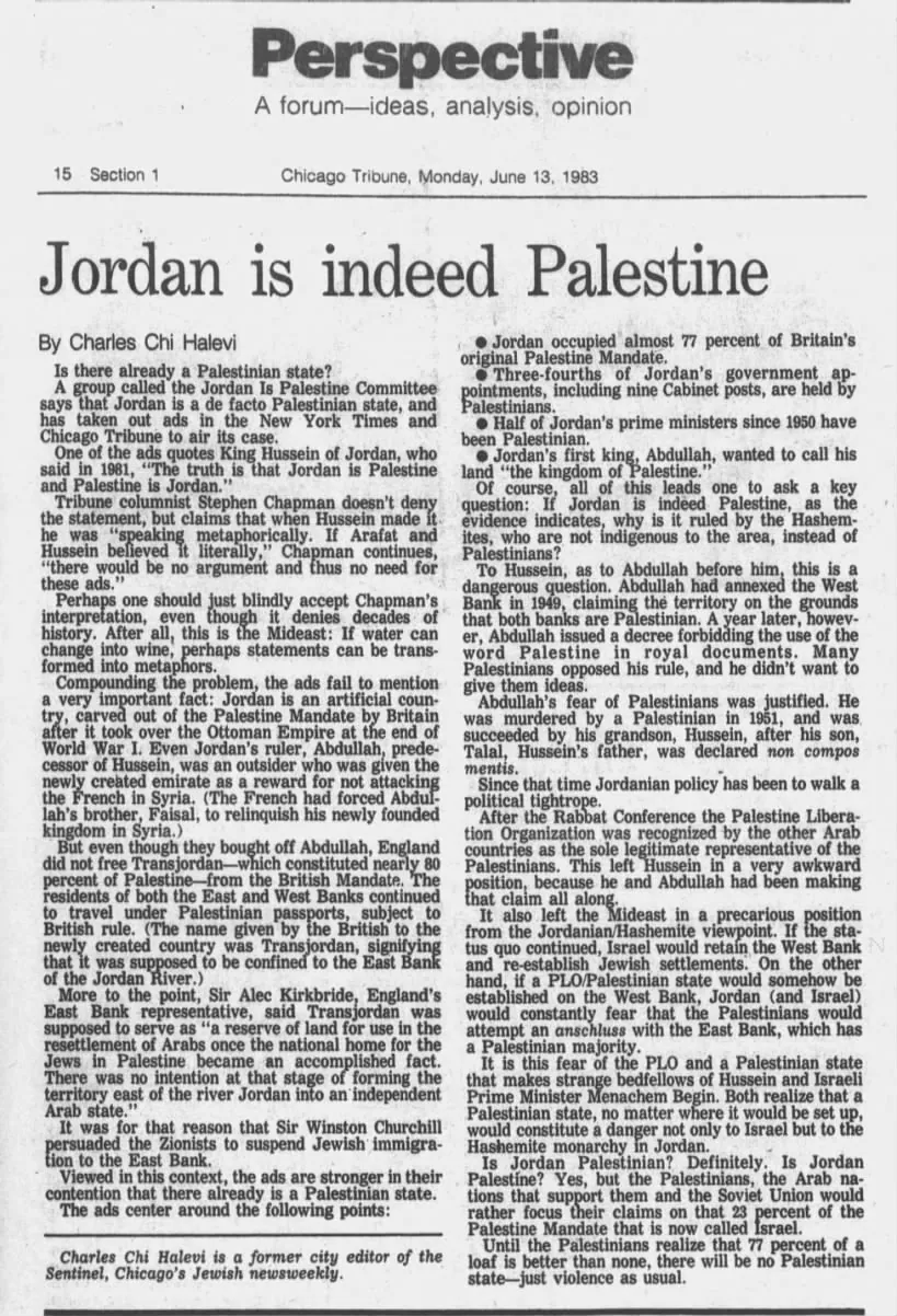 Jordan is indeed Palestine — Chicago Tribune, 13 June 1983